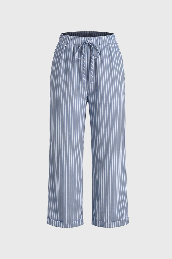 Damenhose | Gestreift &amp; hoher Bund | Beige-Weiß