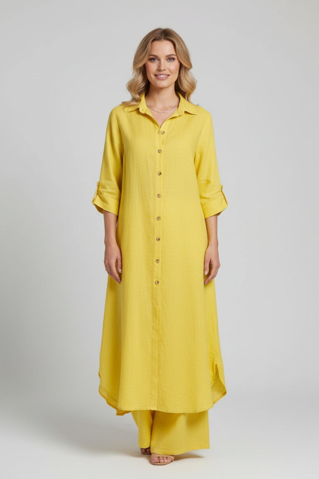 Damen-Set im fließenden Schnitt | Langes Hemdkleid, passende Hose, schicker Leinen-Look