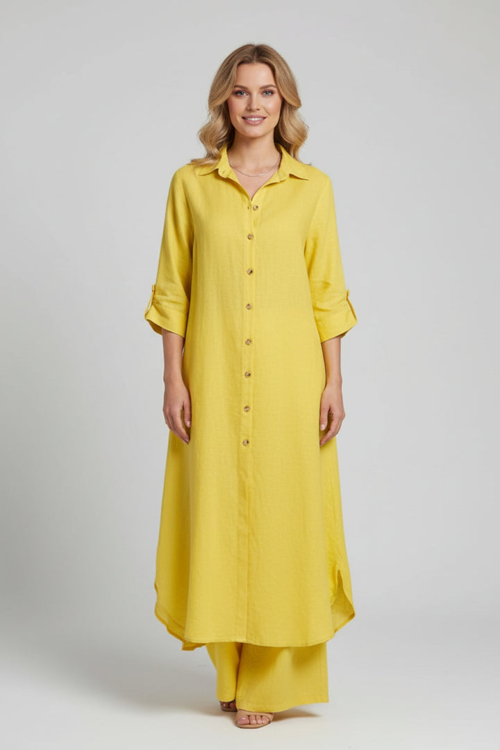 Damen-Set im fließenden Schnitt | Langes Hemdkleid, passende Hose, schicker Leinen-Look