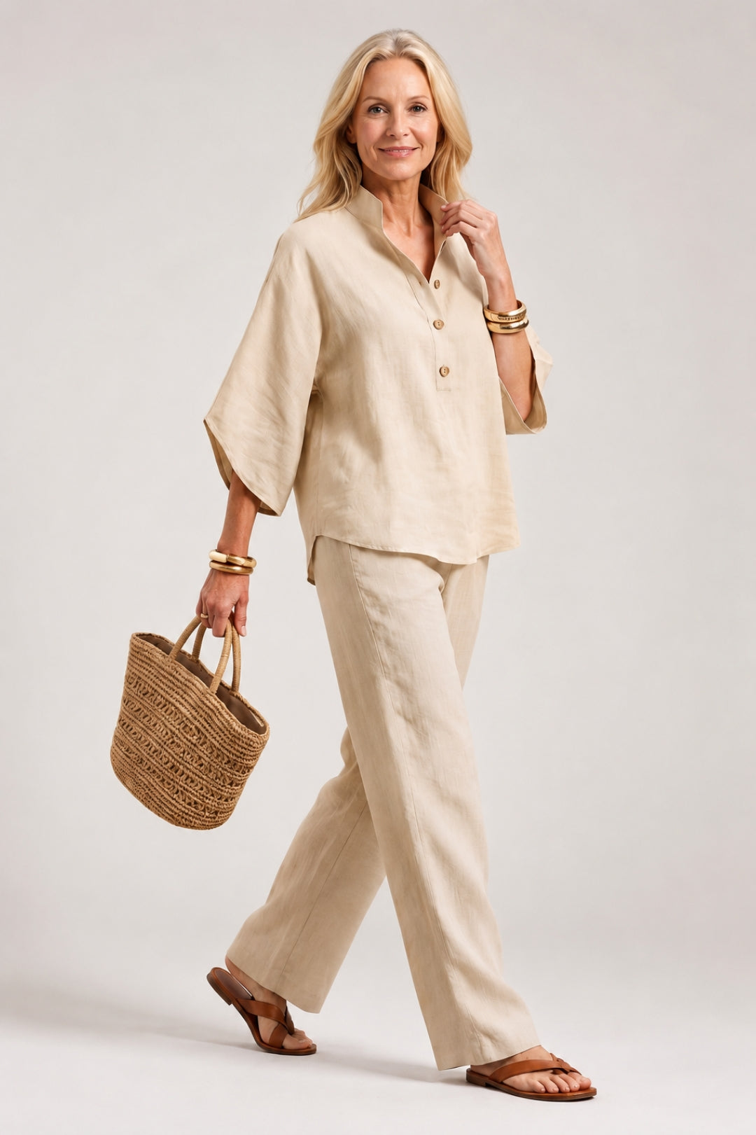 Schickes 2-teiliges Leinen-Set für Damen mit Kimono-Oberteil und klassischer, gerader Hose
