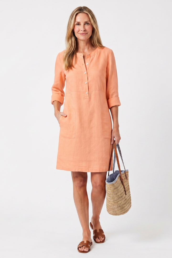 Midi-Kleid für Damen, gerader Schnitt | 3/4-Ärmel, Seitentaschen, Boho-Stil aus Leinen