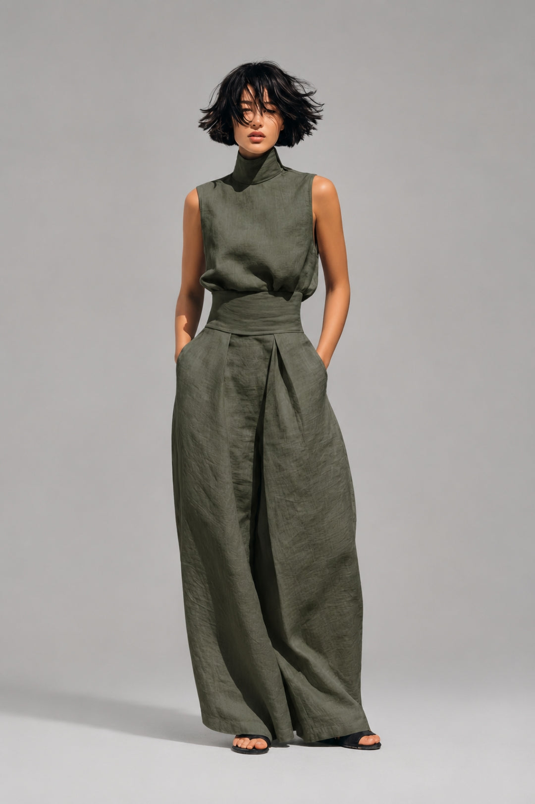 Damen-Set mit fließendem Schnitt | Ärmelloses Top mit Rollkragen und weite Palazzo-Hose