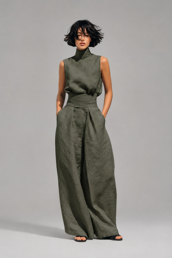 Damen-Set mit fließendem Schnitt | Ärmelloses Top mit Rollkragen und weite Palazzo-Hose