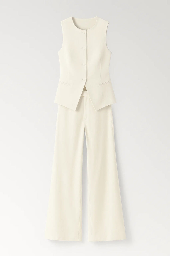 Damen Set Ecru | Ärmelloses Oberteil + Weite Hose | Elegantes Kombi-Outfit