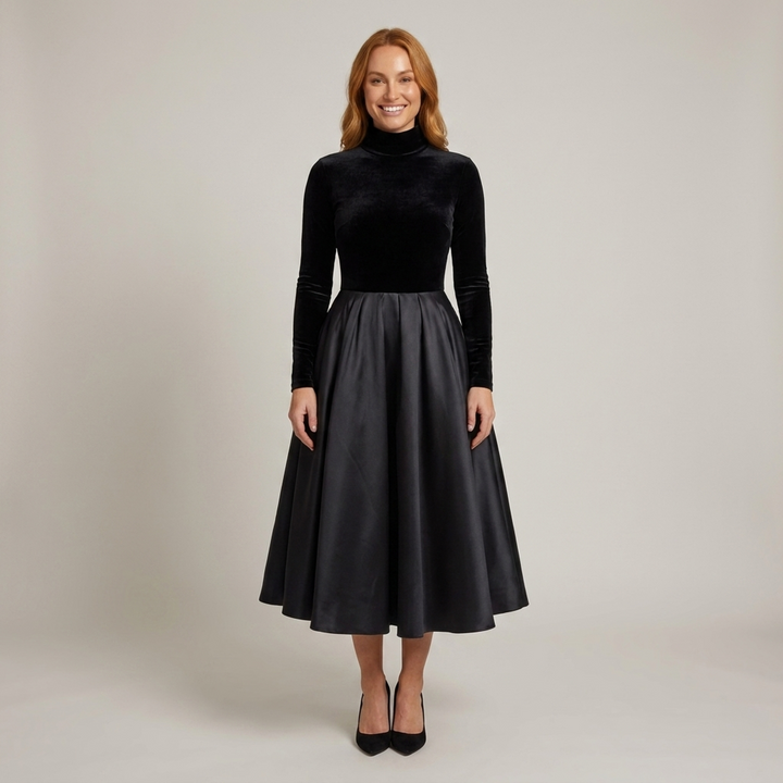 Carmen | Damen Langarm Stehkragen Faltenrock Midikleid