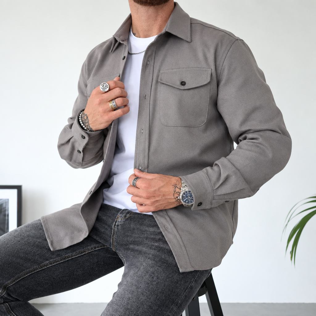 Hauke | Herren Graue Brusttaschen Knopfleisten Hemdjacke