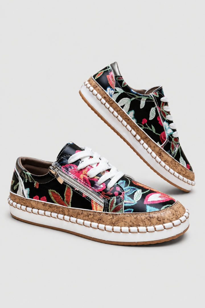 Damen-Sneaker mit bequemer Passform | Blumenprint, seitlicher Reißverschluss, Plateausohle