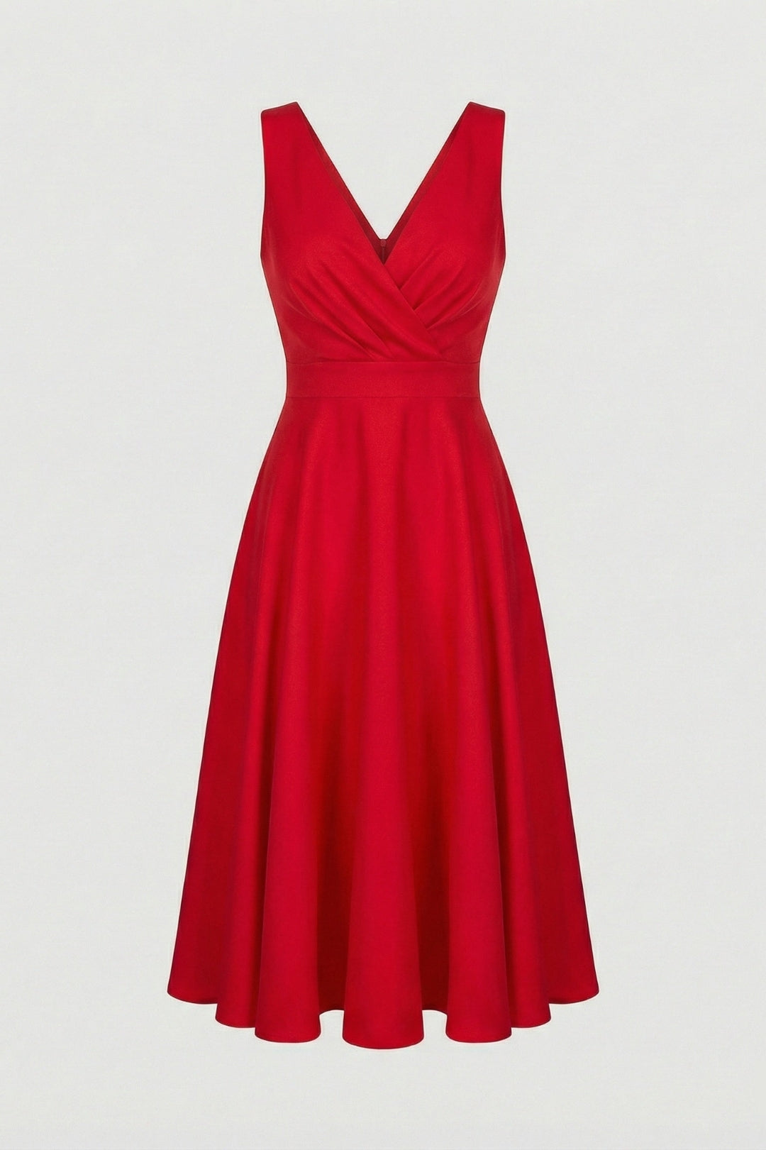 Elegantes, ausgestellt geschnittenes Damenkleid | Midi-Länge in Puderrosa mit gekreuztem V-Ausschnitt, hoher Taille und fließendem Rock