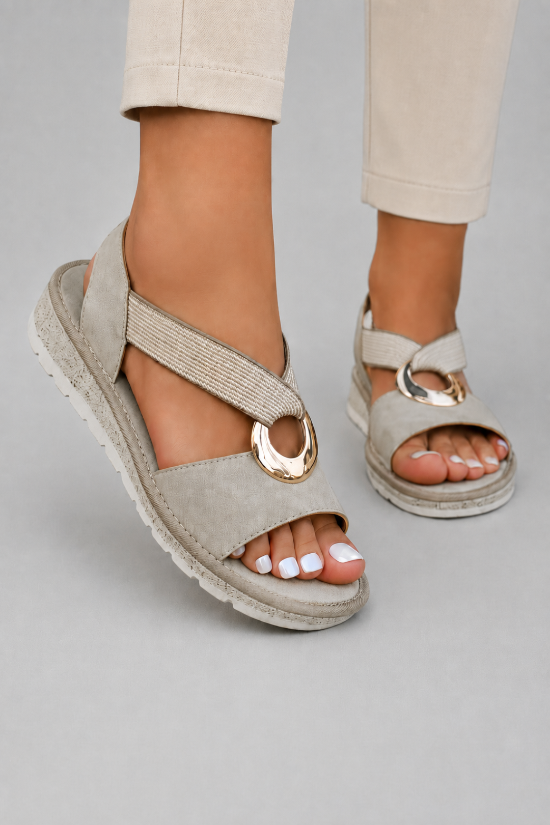 Schicke flache Damen-Sandalen | Gekreuzter Riemen, offene Spitze, Metallring-Detail