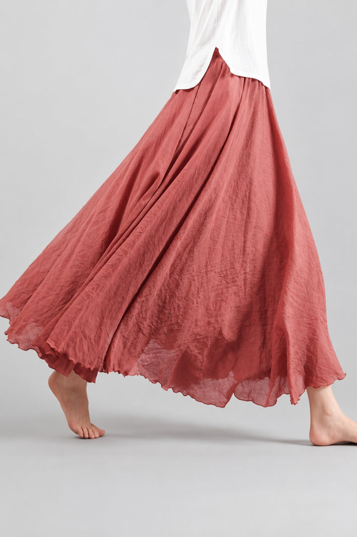 Langer Leinenrock für Damen im Boho-Stil mit Volants und fließendem Schnitt sowie elastischem Bund