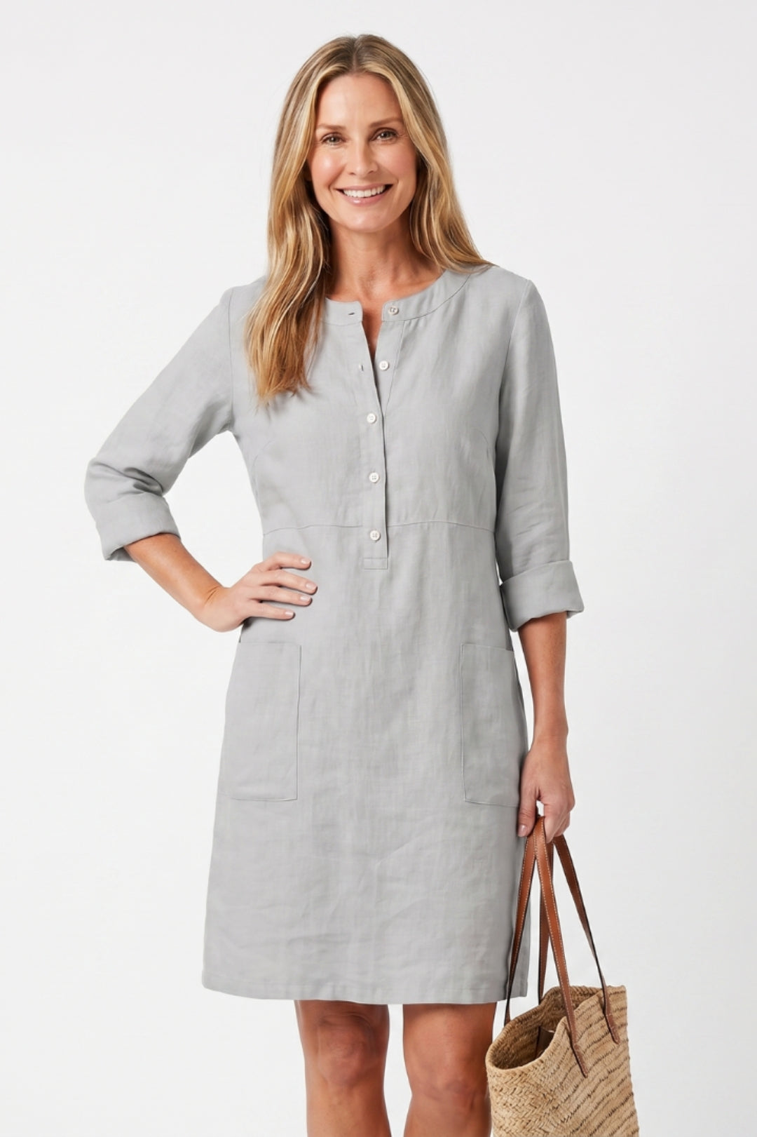 Midi-Kleid für Damen, gerader Schnitt | 3/4-Ärmel, Seitentaschen, Boho-Stil aus Leinen