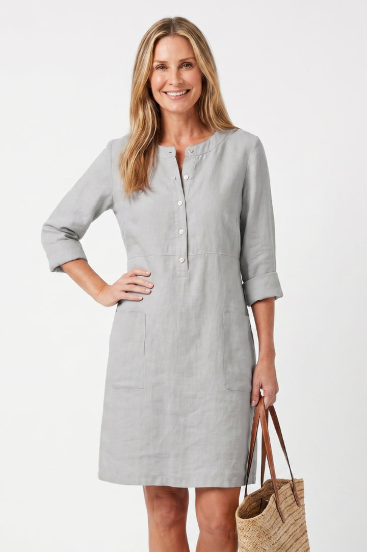 Midi-Kleid für Damen, gerader Schnitt | 3/4-Ärmel, Seitentaschen, Boho-Stil aus Leinen