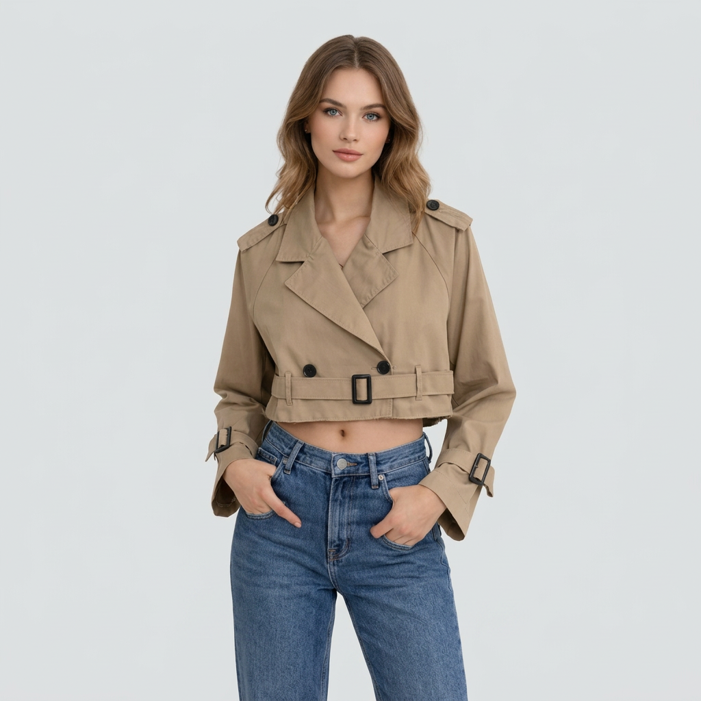 Meinhilde | Damen Trenchcoat mit Gürtel und kurzem Schnitt Cropped Trenchcoat