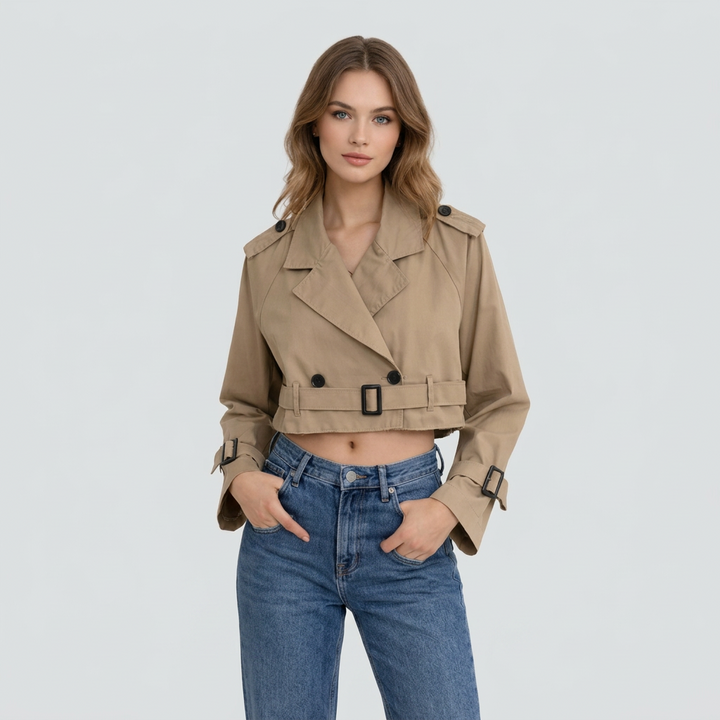 Meinhilde | Damen Trenchcoat mit Gürtel und kurzem Schnitt Cropped Trenchcoat