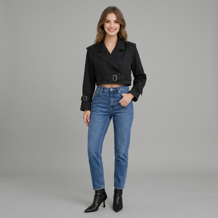 Meinhilde | Damen Trenchcoat mit Gürtel und kurzem Schnitt Cropped Trenchcoat