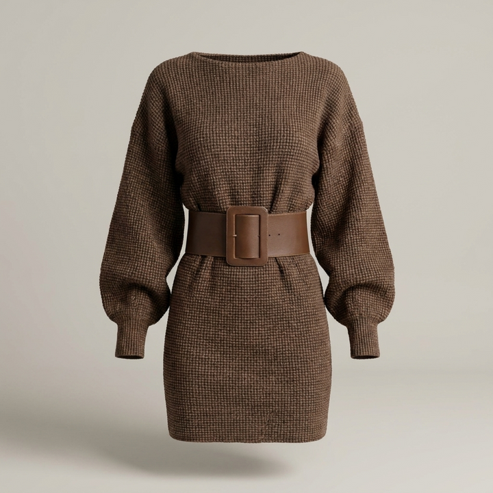 Karin | Damen Strickkleid mit Fledermausärmeln und Taillengürtel