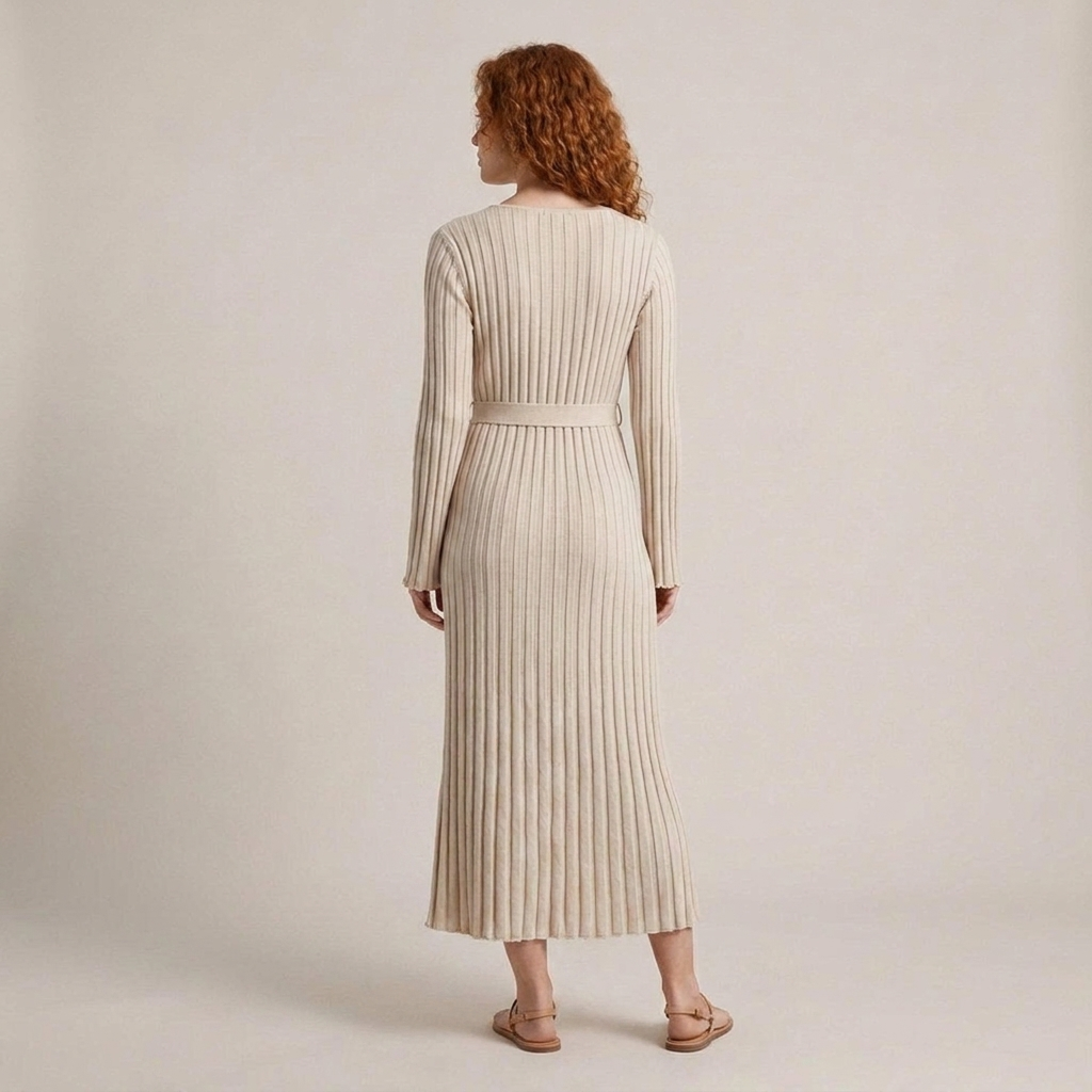 Yvonne | Damen Strick Maxikleid mit V-Ausschnitt