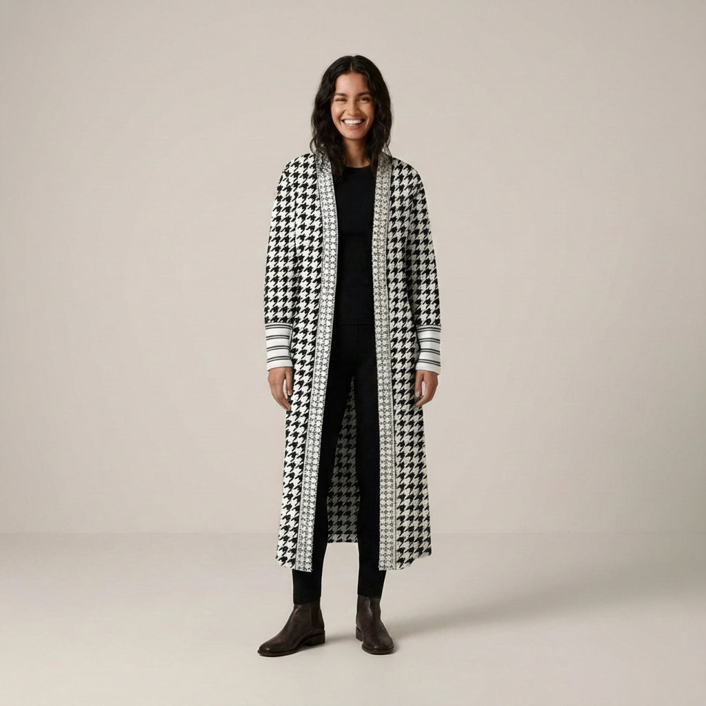 Edda | Damen Hahnentrittmuster Long Strickjacke