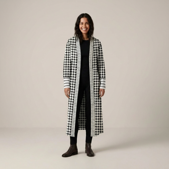 Gerburg | Damen Strickjacke mit Hahnentrittmuster und Streifenbündchen