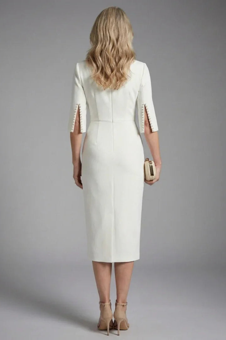 Figurbetontes Hochzeitsgastkleid für Damen | Schwarz, Midi-Länge, ausgestellte Ärmel und Perlenverzierung
