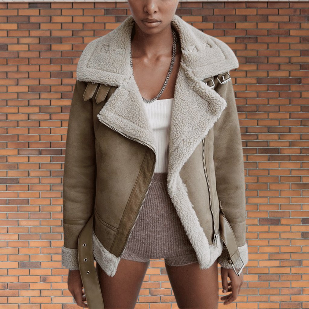 Rinhild | Damenjacke mit Gürtel und Reißverschluss Bikerjacke