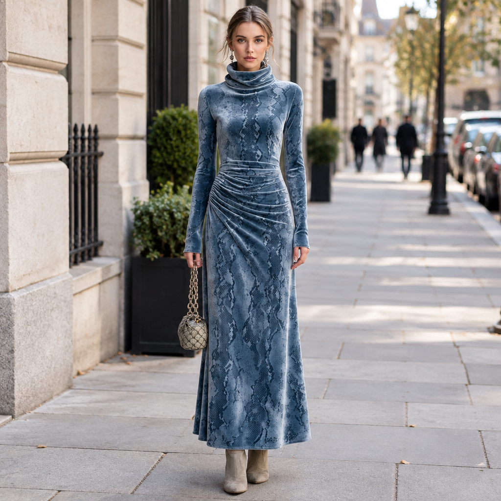 Amalia | Damen Muster Rollkragen Maxikleid