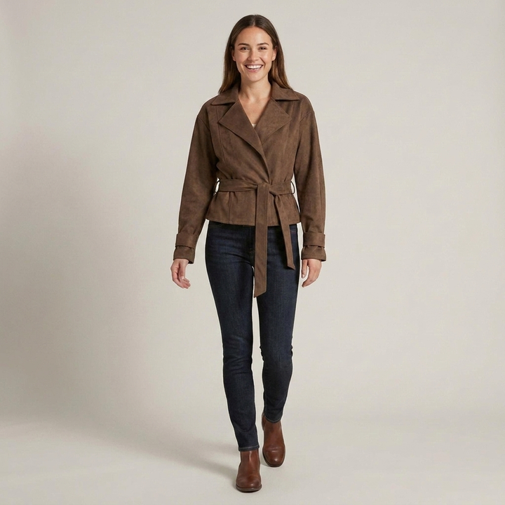 Ansgard | Damen mit Bindegürtel und Reverskragen Wildlederjacke