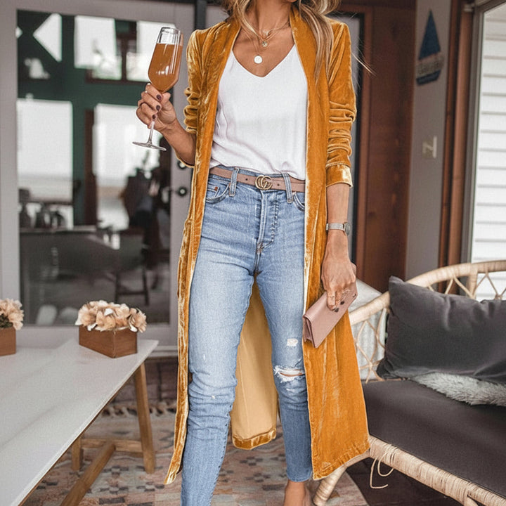 Theresa | Damen Langer Offener Langarm Longcardigan