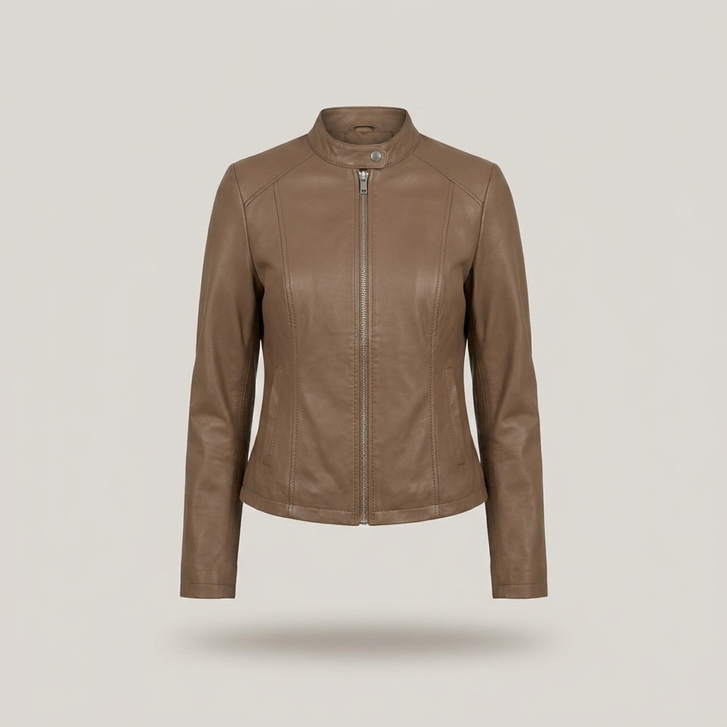Sindhilde | Damen mit Reißverschluss und Stehkragen Lederjacke