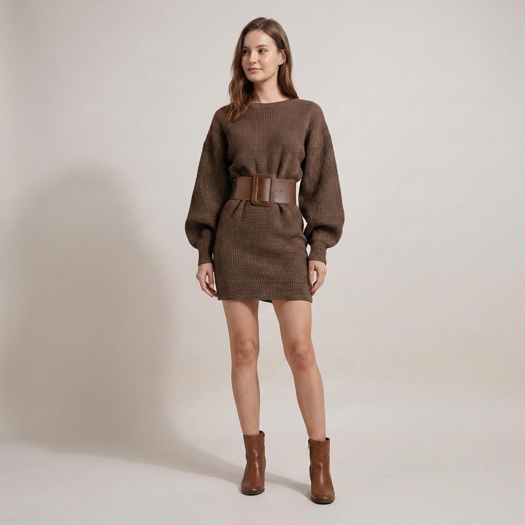 Karin | Damen Strickkleid mit Fledermausärmeln und Taillengürtel