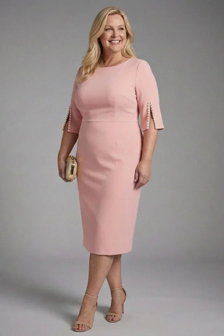 Figurbetontes Hochzeitsgastkleid für Damen | Schwarz, Midi-Länge, ausgestellte Ärmel und Perlenverzierung