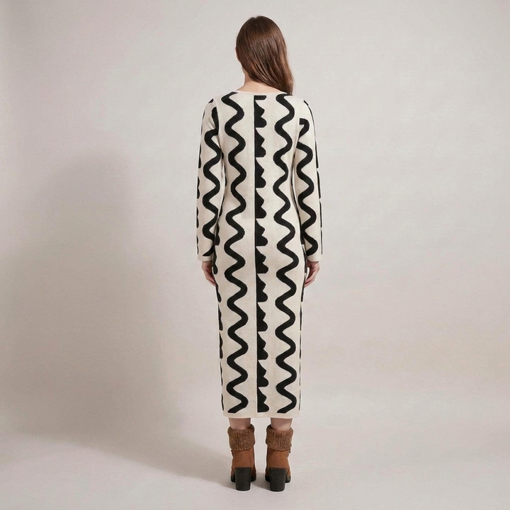 Kerstin | Damen Wellenmuster Langarm Strickkleid