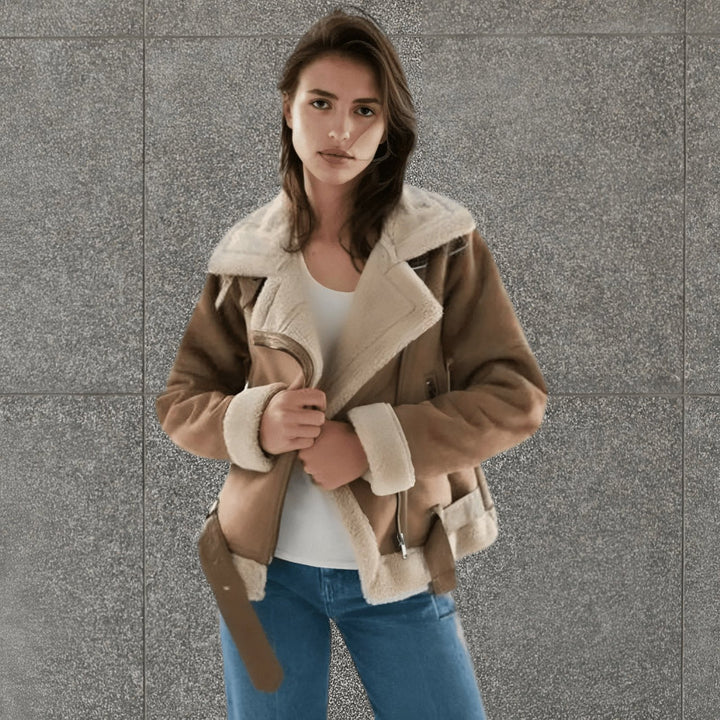 Rinhild | Damenjacke mit Gürtel und Reißverschluss Bikerjacke