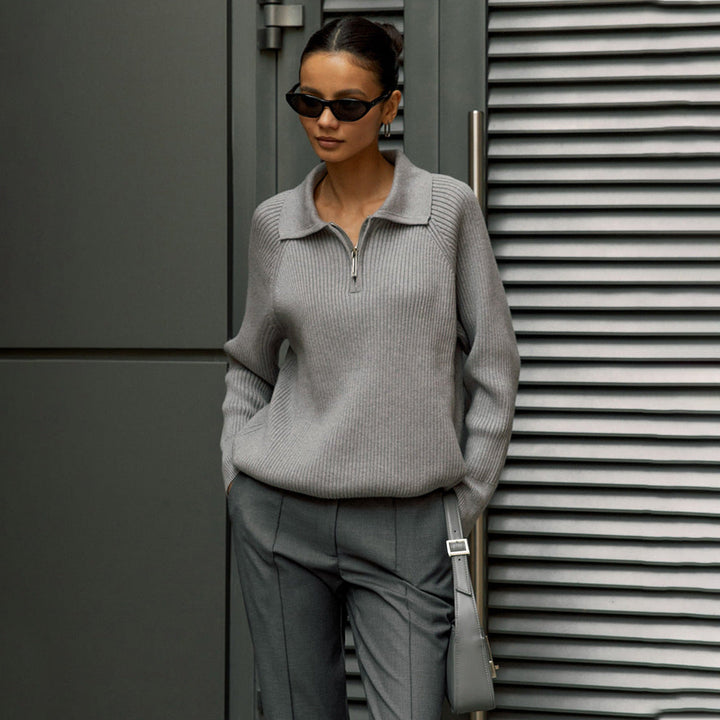 Eugenie | Damen Rippstrick Reißverschluss Pullover