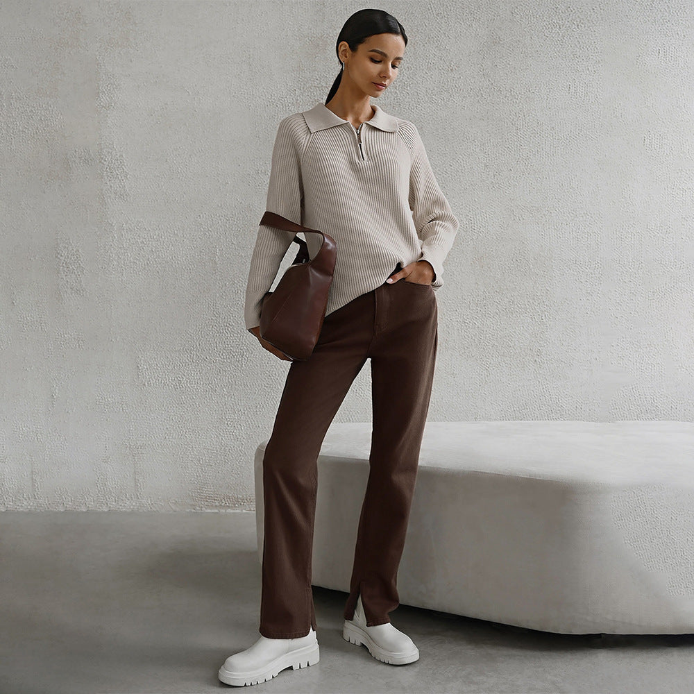 Eugenie | Damen Rippstrick Reißverschluss Pullover