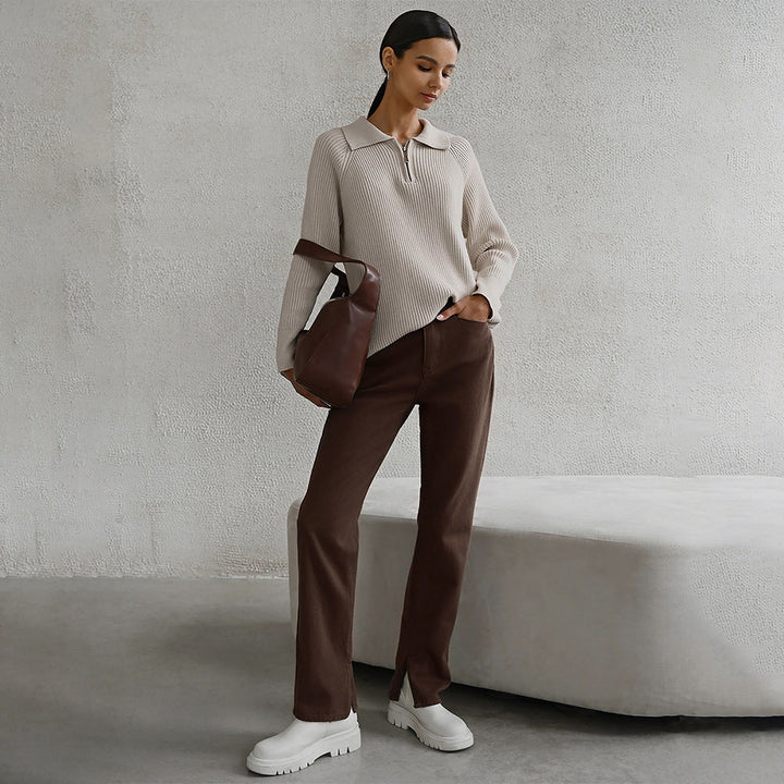 Eugenie | Damen Rippstrick Reißverschluss Pullover