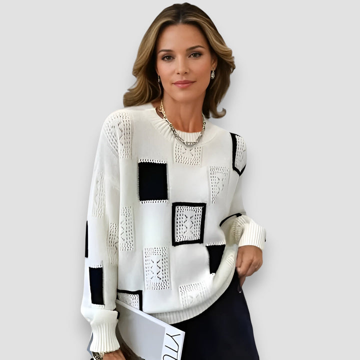 Finja | Damen Patchwork Strickpullover mit Rundhalsausschnitt
