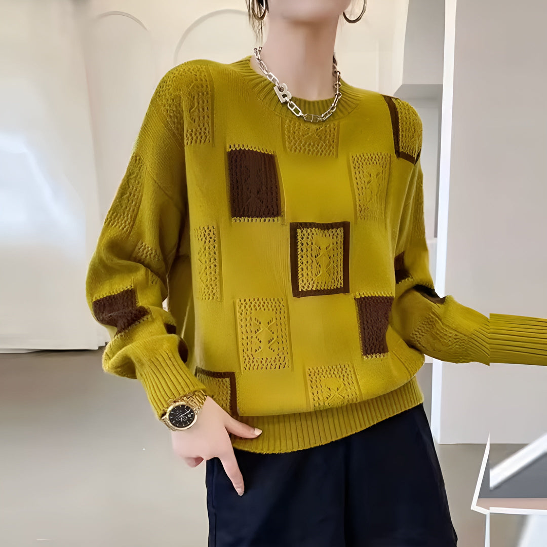 Finja | Damen Patchwork Strickpullover mit Rundhalsausschnitt