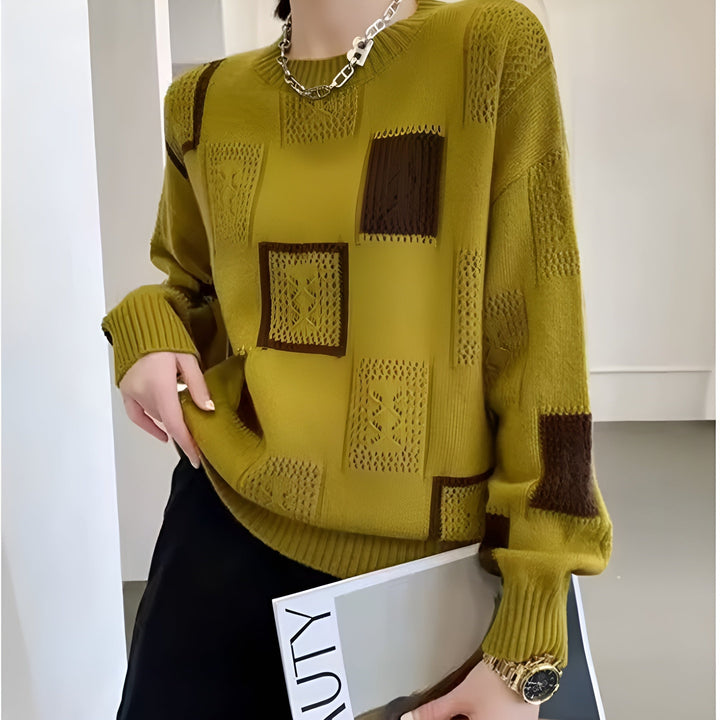 Finja | Damen Patchwork Strickpullover mit Rundhalsausschnitt