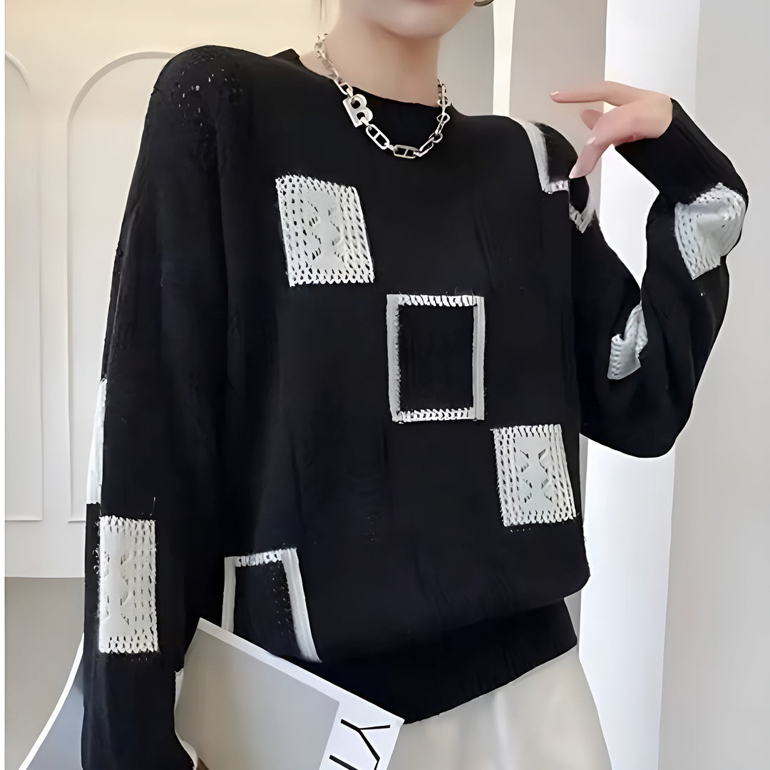 Finja | Damen Patchwork Strickpullover mit Rundhalsausschnitt
