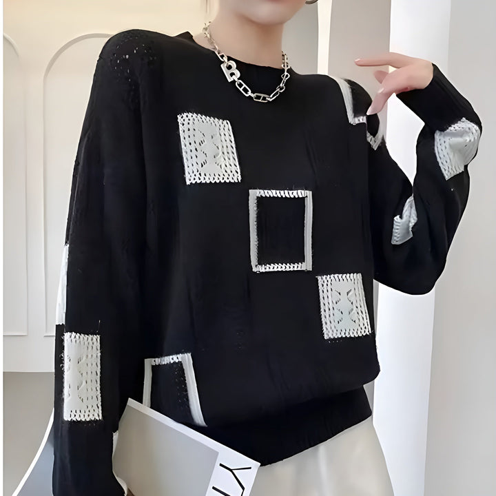Finja | Damen Patchwork Strickpullover mit Rundhalsausschnitt