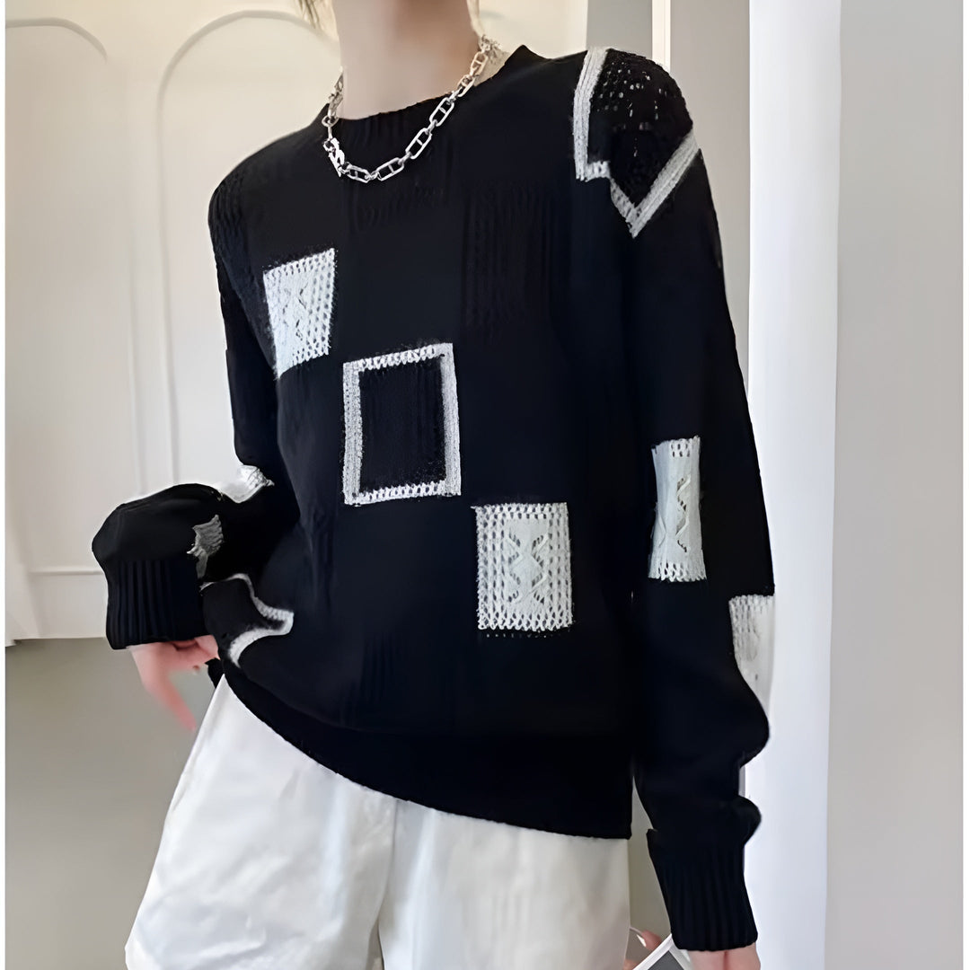 Finja | Damen Patchwork Strickpullover mit Rundhalsausschnitt