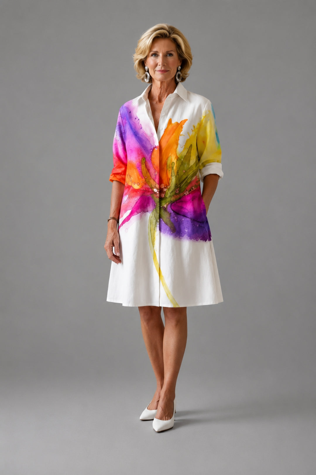 Geradliniges Midi-Kleid für Damen | Hemdkragen, 3/4-Ärmel, farbenfroher Print im Leinen-Look