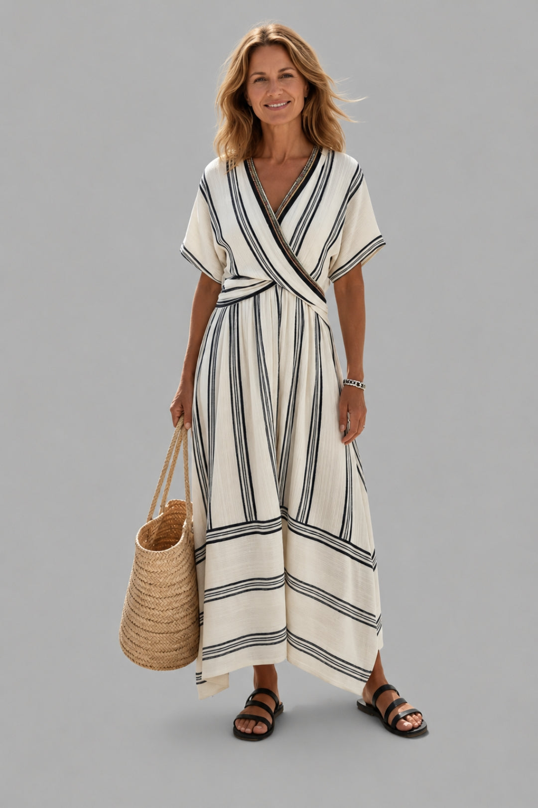Maxikleid für Damen im fließenden Schnitt | Wickelkragen, kurze Ärmel, Streifen im Boho-Leinen-Stil