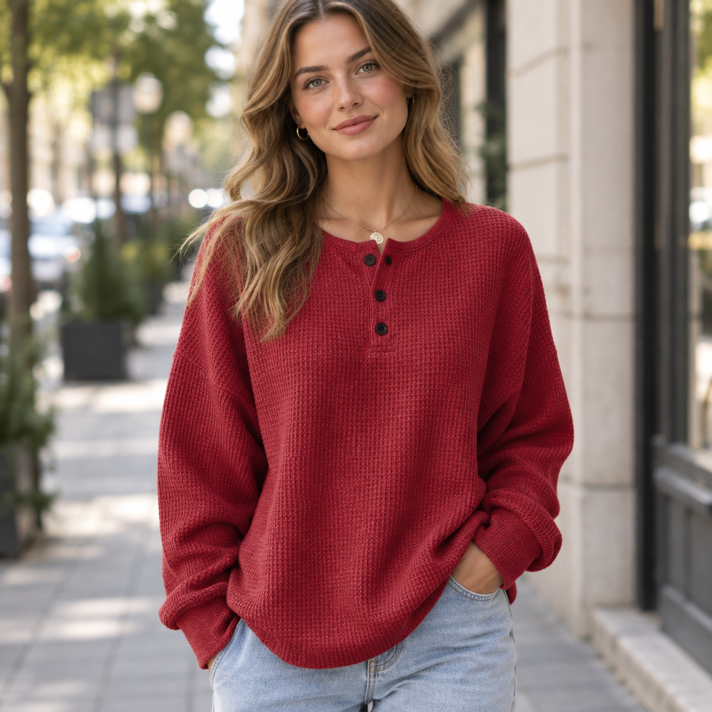 Elisabeth | Damen Waffelstruktur Pullover mit Knopfleiste