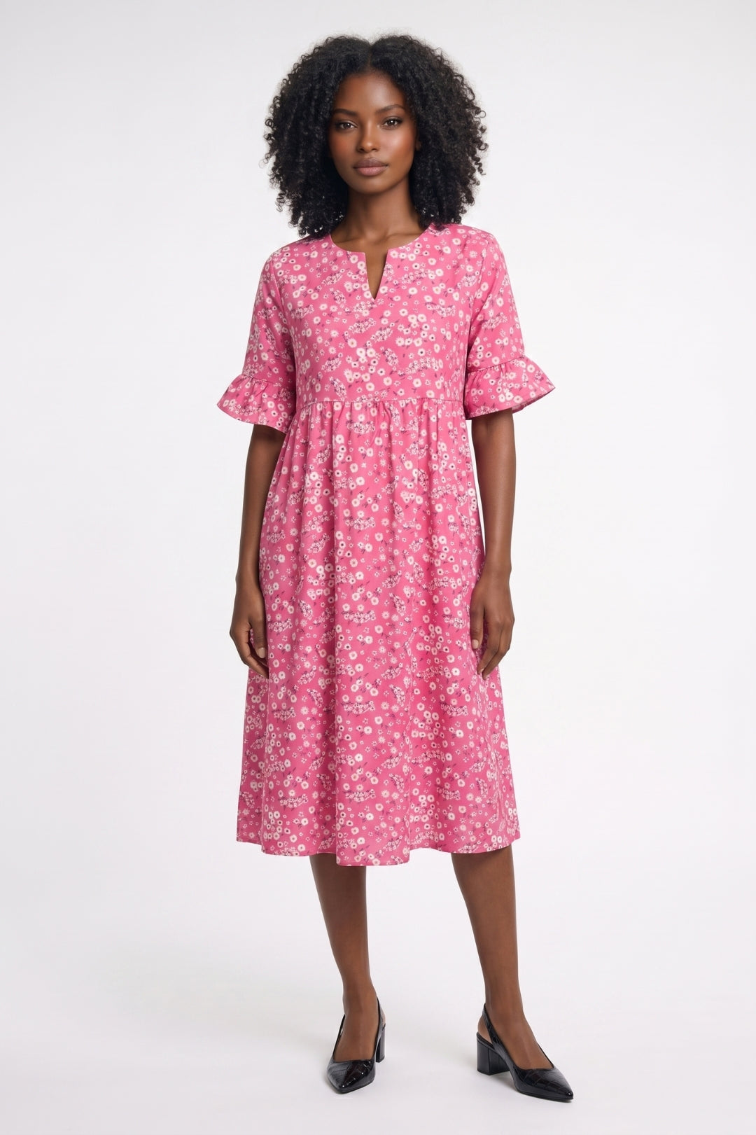 Rosa Midikleid | Blumenprint &amp; Rüschenärmel | Boho-Stil