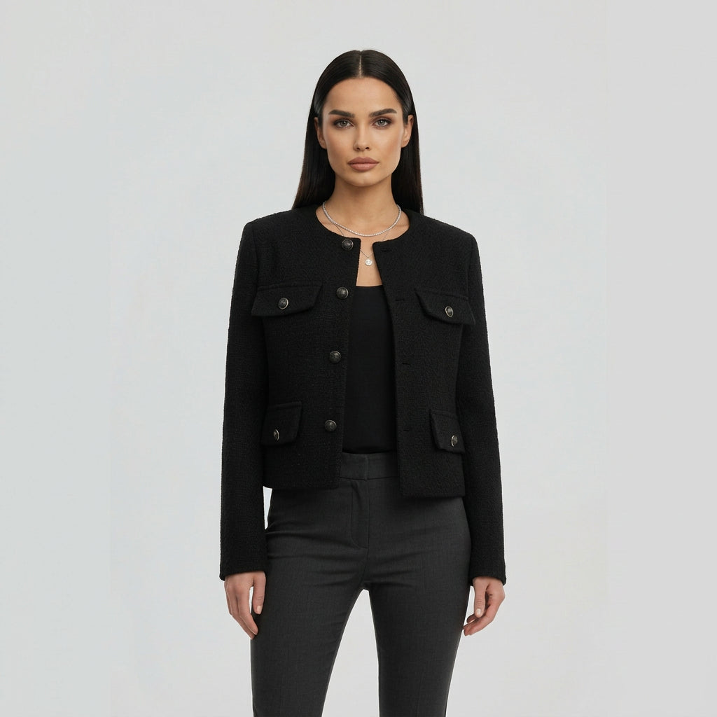 Amalberga | Damen mit Knopfleiste und Pattentaschen Kurzjacke