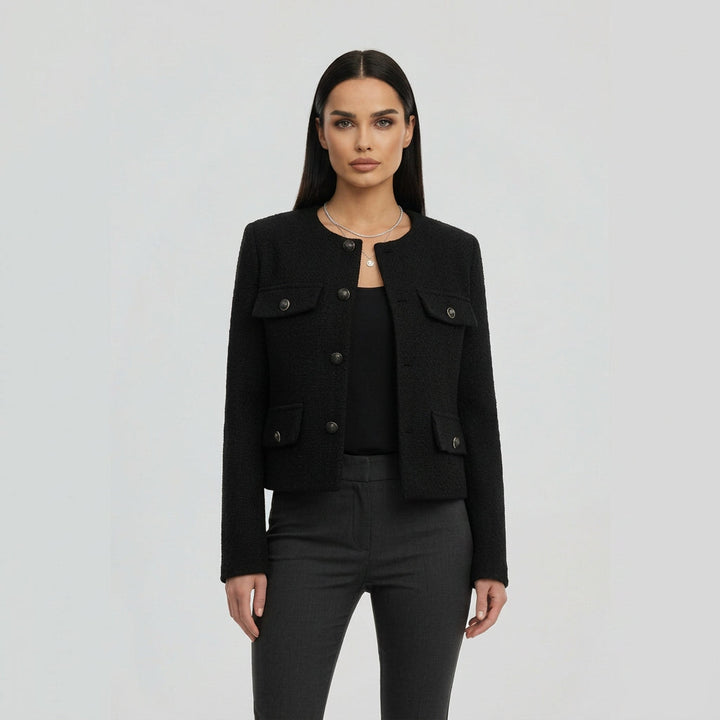 Amalberga | Damen mit Knopfleiste und Pattentaschen Kurzjacke