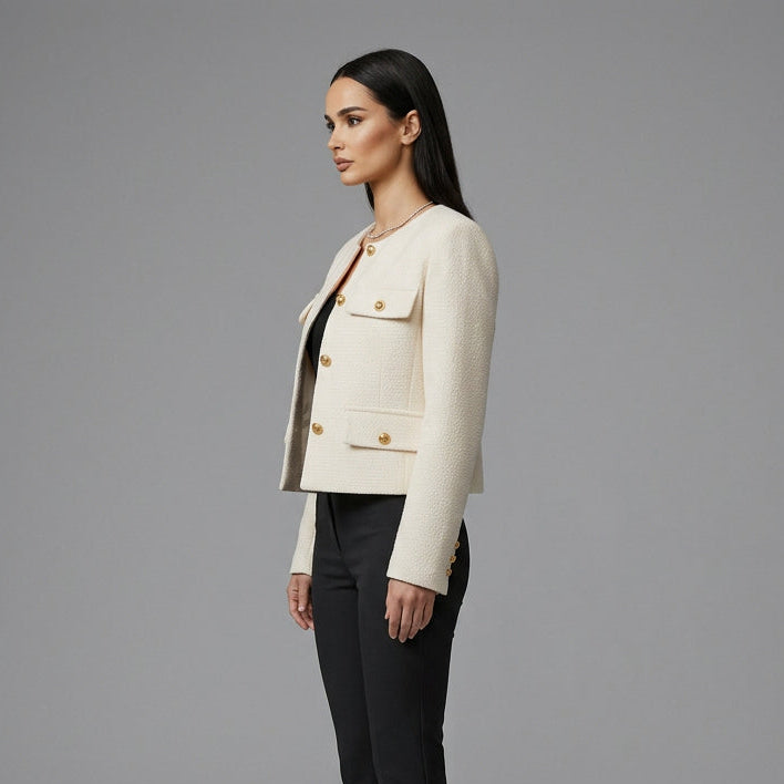 Amalberga | Damen mit Knopfleiste und Pattentaschen Kurzjacke