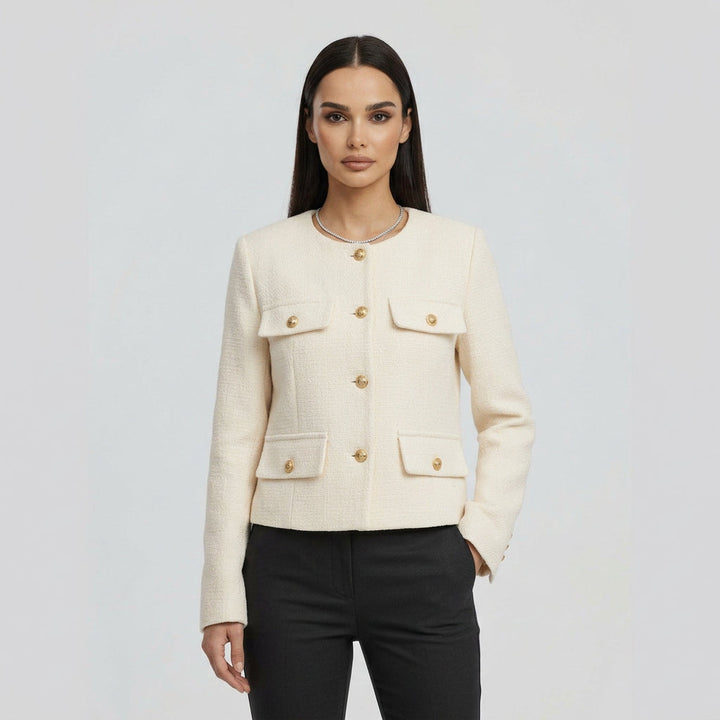 Amalberga | Damen mit Knopfleiste und Pattentaschen Kurzjacke